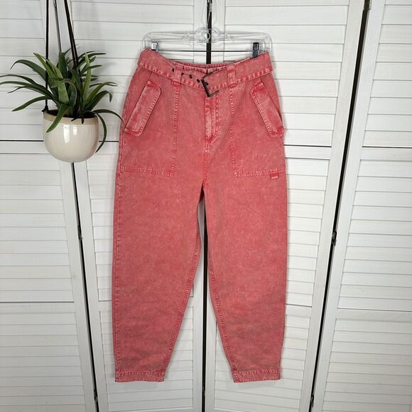 ASOS Design Balloon Leg Worker Pant Retro Belted Coral Acid Wash Jeans Size 6 - Picture 1 of 10